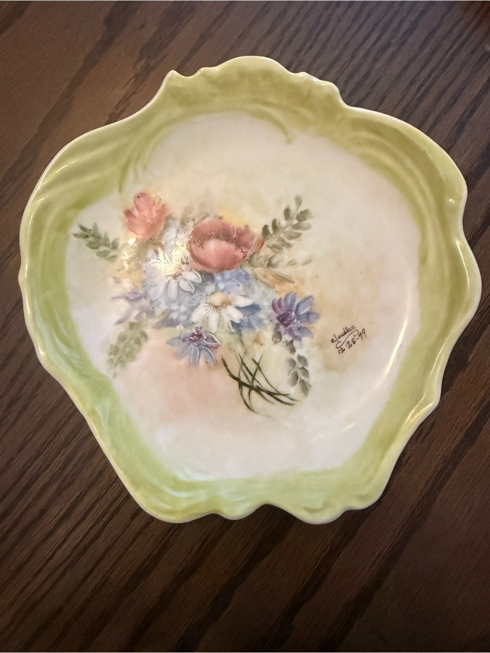 Vintage Floral Ceramic Plate in Green and Pastel Bouquet